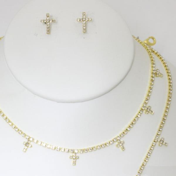 CROSS RHINESTONE NECKLACE EARRING BRACELET SET