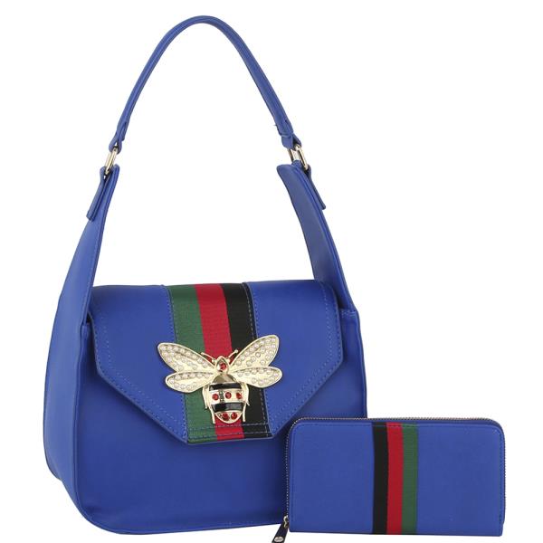 2IN1 STRIPED BUG SHOULDER BAG W MATCHING WALLET SET