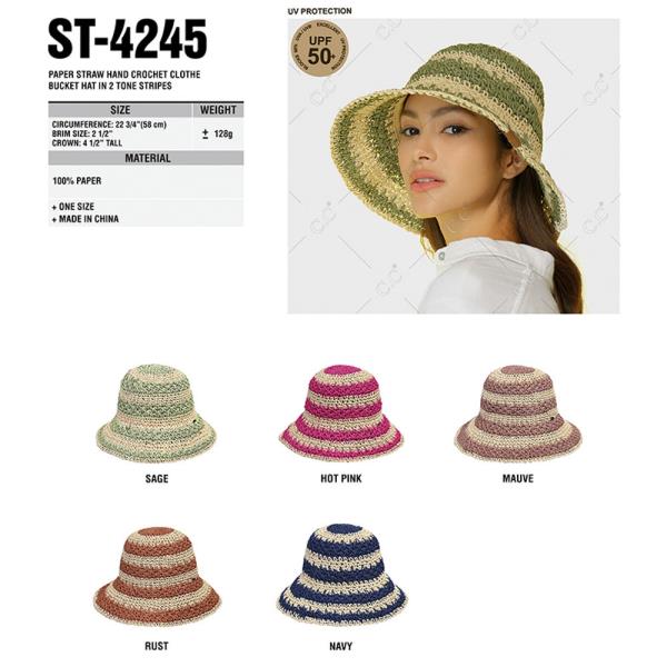CC PAPER STRAW HAND CROCHET CLOTH BUCKET HAT IN 2 TONE STRIPES STRAW BUCKET HAT