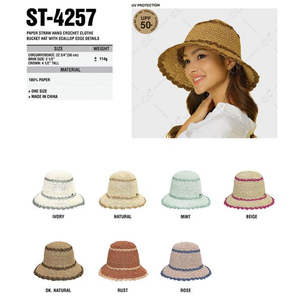 CC PAPER STRAW HAND CROCHET CLOTHE BUCKET HAT WITH SCALLOP EDGE DETAILS