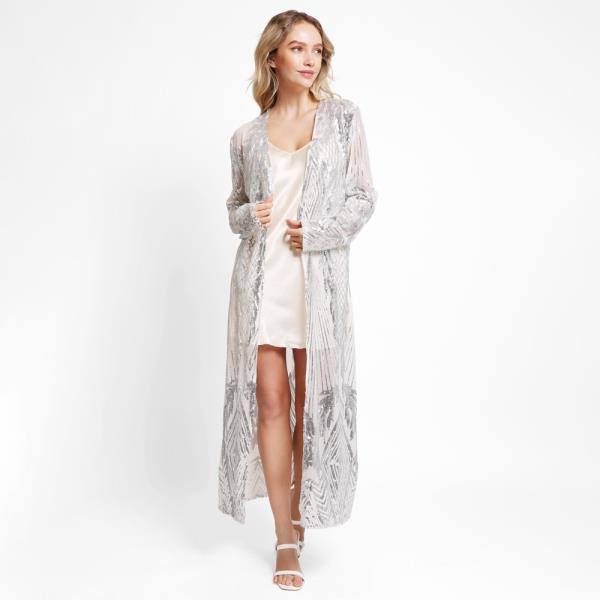 LEAVES PATTERN SEQUIN LONG COVER-UP