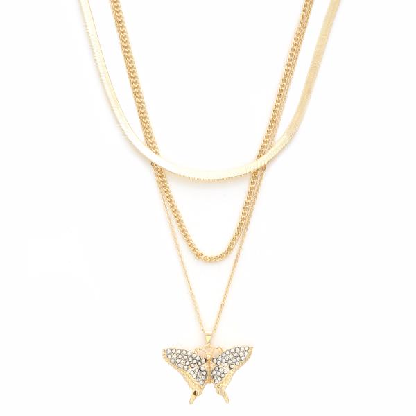 SDJ 3 LAYERED METAL CHAIN BUTTERFLY PENDANT NECKLACE
