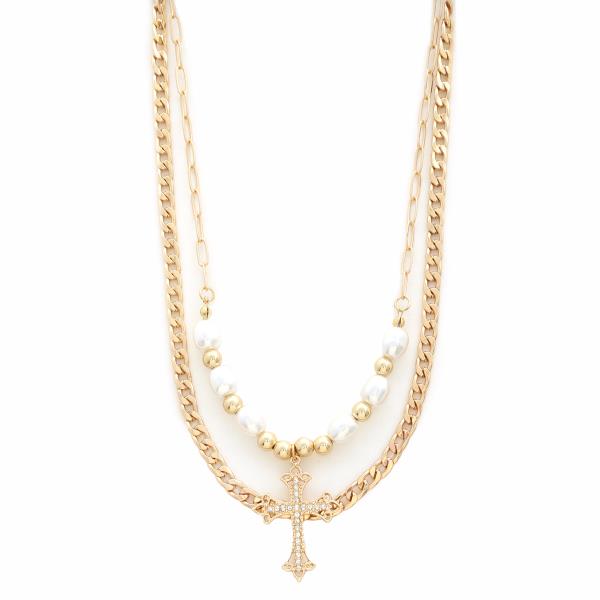 SDJ 2 LAYERED METAL CHAIN PEARL CROSS PENDANT NECKLACE