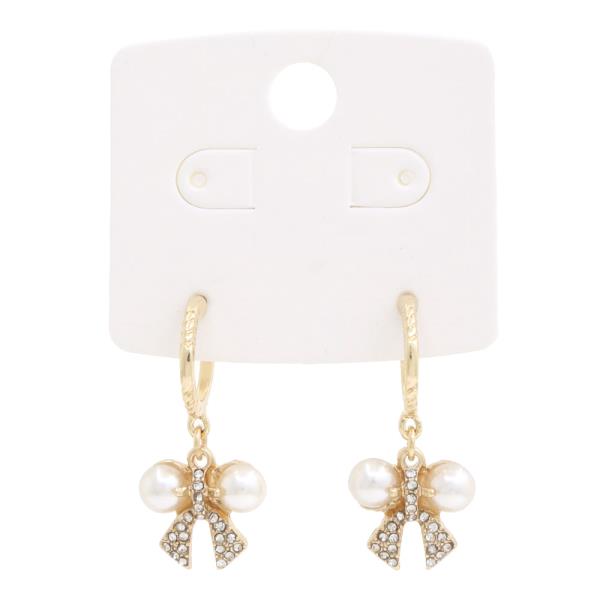 PEARL BEAD RHINESTONE BOW DANGLE EARRING