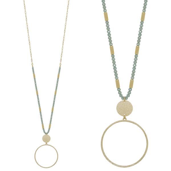 GLASS BEAD BODY DOUBLE ROUND PENDANT LONG NECKLACE
