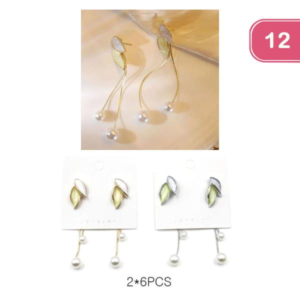 LEAF LONG TASSEL PEARL EARRING (12 UNITS)