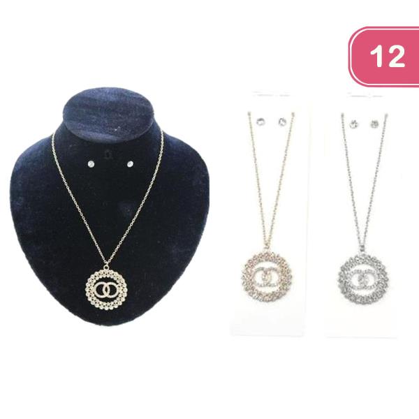 CIRCLE RHINESTONE PENDANT NECKLACE EARRING SET (12 UNITS)