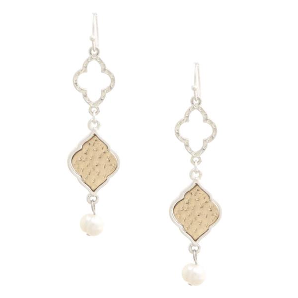 TWO TONE CLOVER PEARL BEAD DANGLE EARRING