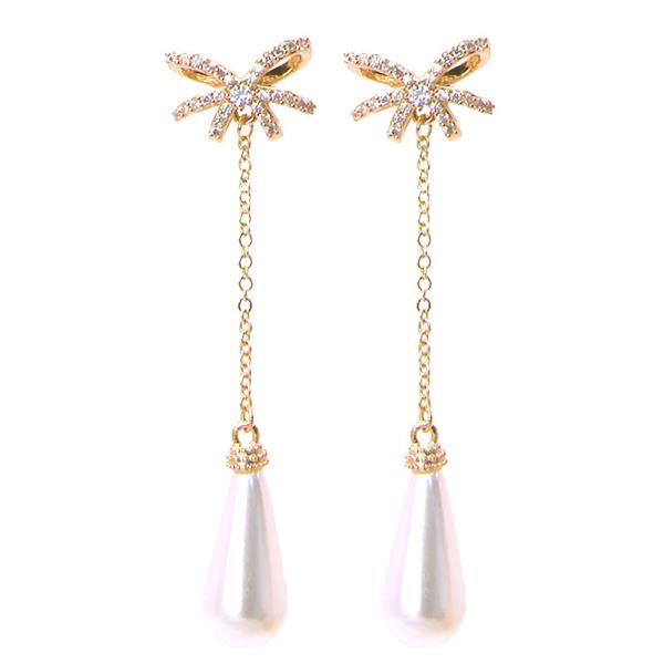 CZ BOW PEARL TEARDROP EARRING