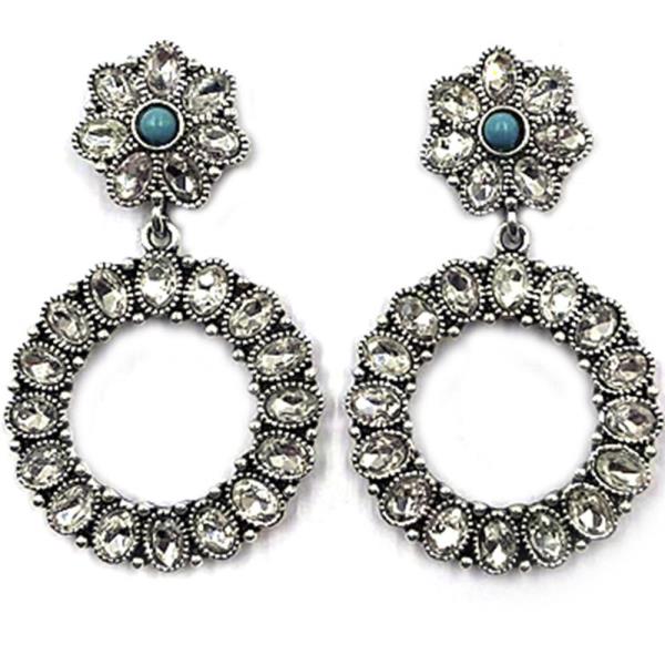 WESTERN STYLE ROUND TQ CRYSTAL STONE DANGLE EARRING