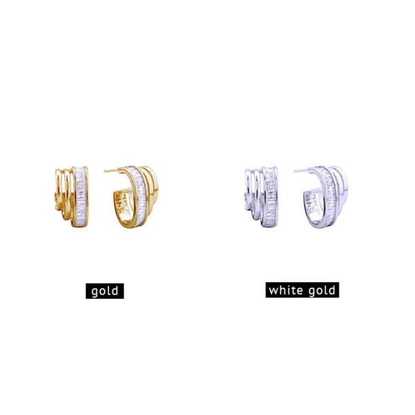 14K GOLD WHITE GOLD DIPPED TRIO HOOP PAVE CZ POST EARRINGS