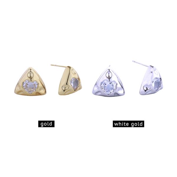 14K GOLD WHITE GOLD DIPPED TRIANGLE HEART PAVE CZ POST EARRINGS