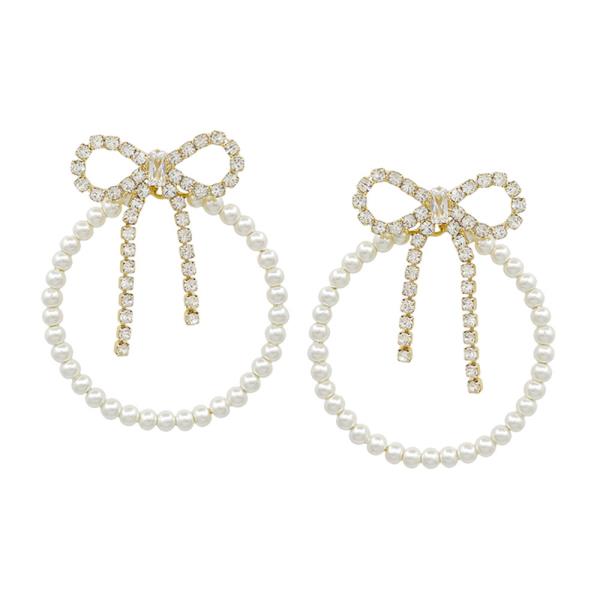 RIBBON RHINESTONE PEARL ROUND EARRING