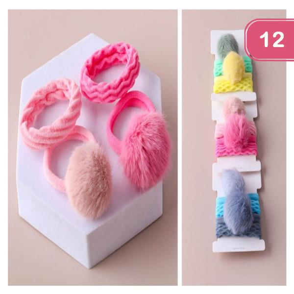 POMPOM TEXTURED ROLLED HAIR ELASTICS (12 UNITS)