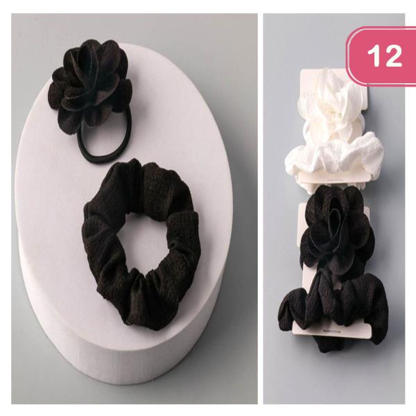 CRINKLED FLOWER TIE SCRUNCHIE SET (12 UNITS)