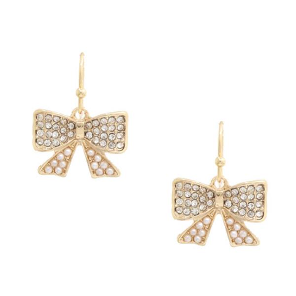 RHINESTONE PEARL BOW DANGLE EARRING