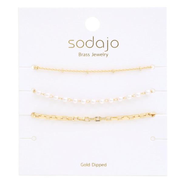 SODAJO DAINTY  PEARL BEAD LINK GOLD DIPPED BRACELET SET
