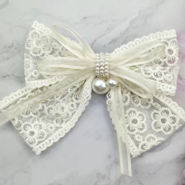 LACE RIBBON HAIR BOW PIN WITH PEARL