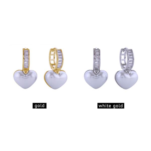 14K GOLD/WHITE GOLD DIPPED HEART PEARL DANGLE HUGGIE EARRINGS