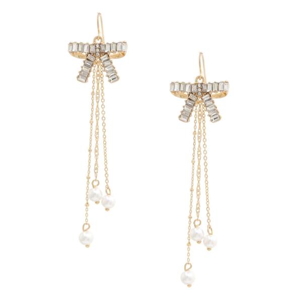 RHINESTONE BOW PEARL BEAD DANGLE EARRING