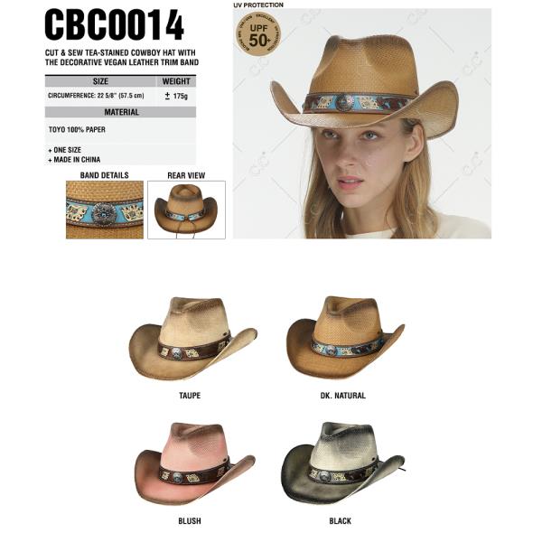 CC CUT & SEW TEA-STAINED COWBOY HAT WITH THE DECORATIVE VEGAN LEATHER TRIM BAND