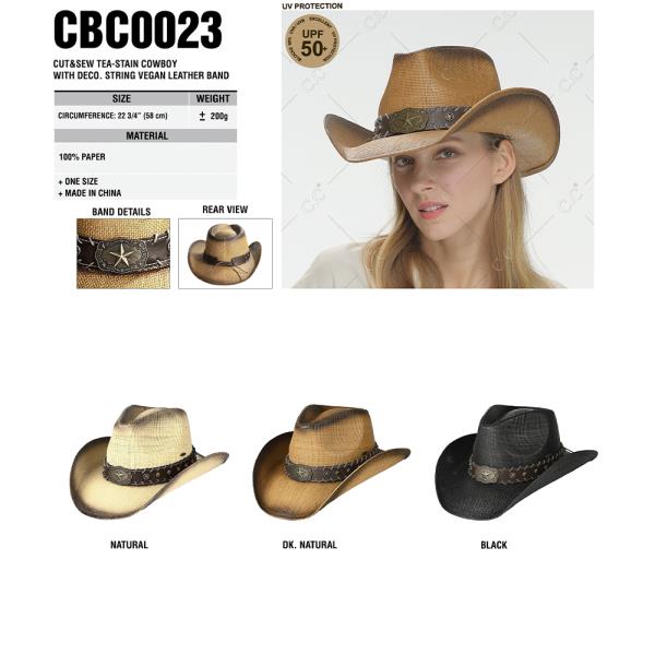 CC CUT & SEW TEA-STAIN COWBOY WITH DECO. STRING VEGAN LEATHER BAND