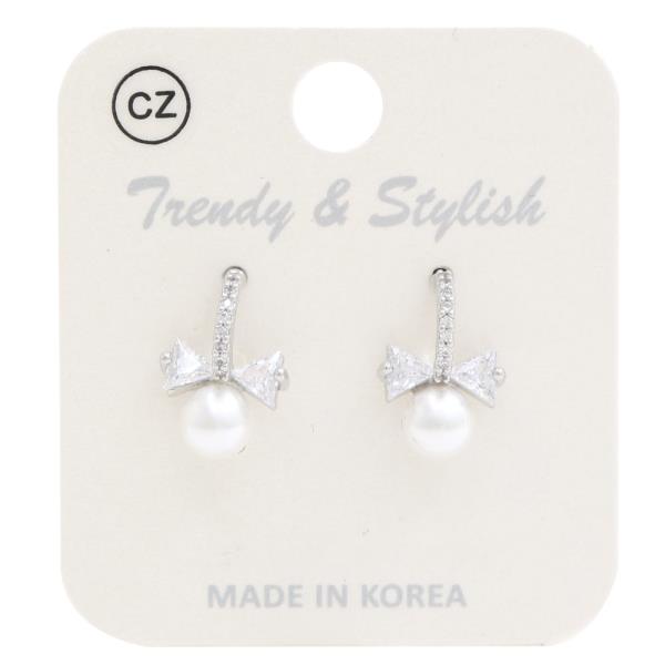 PEARL BEAD BOW CZ EARRING