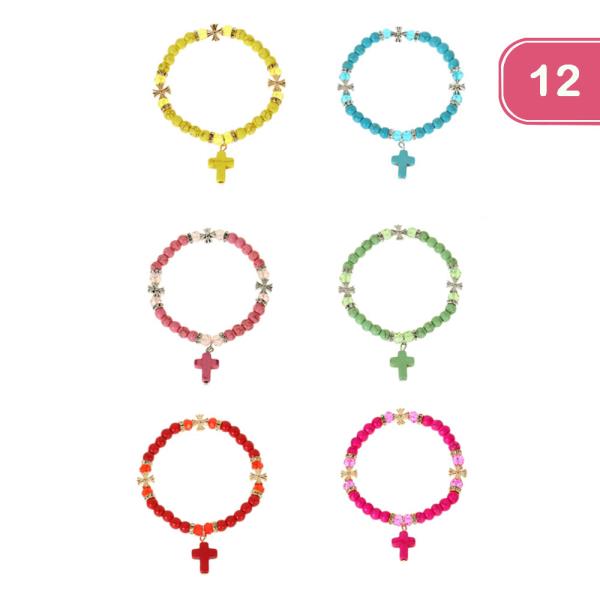 CROSS CHARM RHINESTONE BEADED BRACELET (12 UNITS)