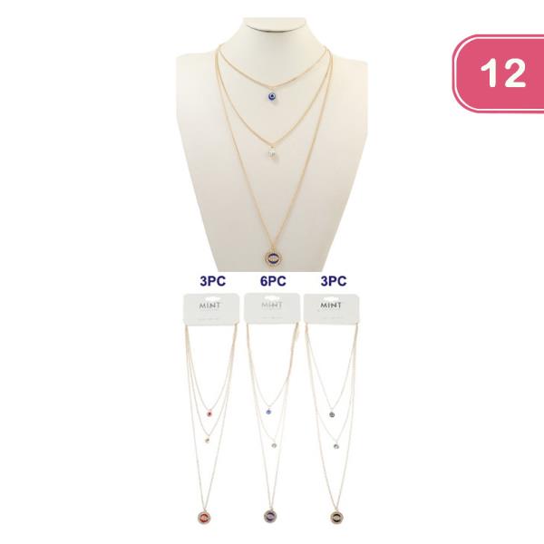RHINESTONE EVIL EYE LAYERED NECKLACE (12 UNITS)