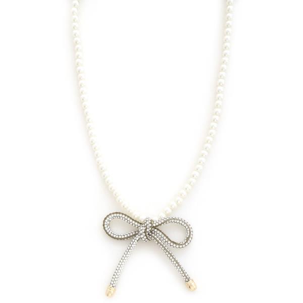 RHINESTONE RIBBON PENDANT PEARL NECKLACE