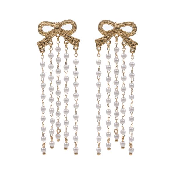 BOW SHAPED PEARL BEAD TASSEL POST EARRING