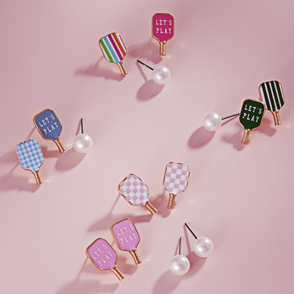 PICKLEBALL SHAPED ENAMEL PRINT 3 SET POST EARRING
