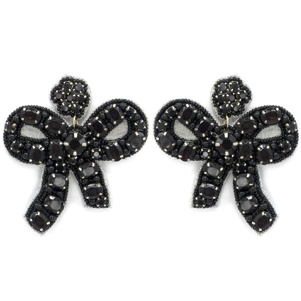 SEED BEAD STONE RIBBON BOW DANGLE EARRING