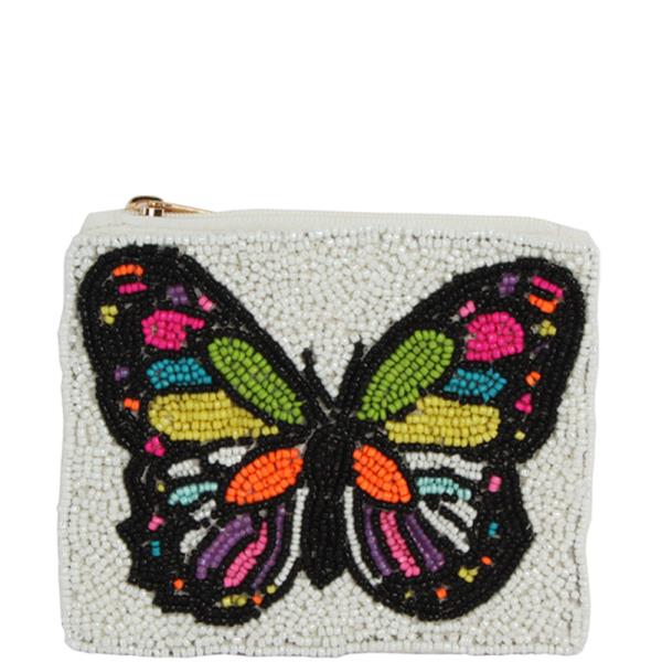 WHITE RAINBOW BUTTERFLY THEME FULL SEED BEAD COIN PURSE BAG