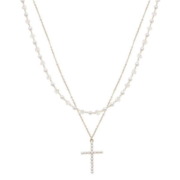 2 ROW CROSS PENDANT PEARL AND CRYSTAL BEAD LAYERED NECKLACE