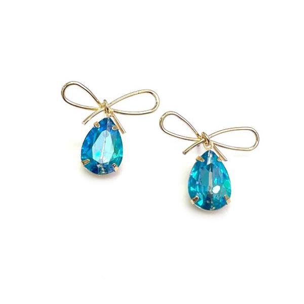 METAL RIBBON BOW STONE POST EARRING