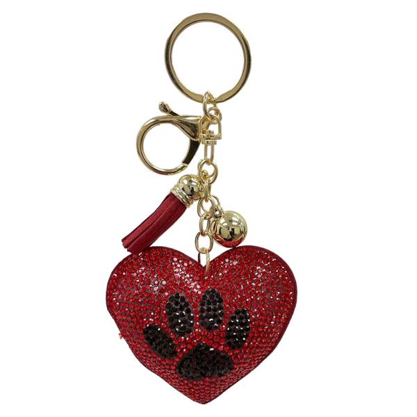 RHINESTONE HEART PAW KEYCHAIN WITH TASSEL