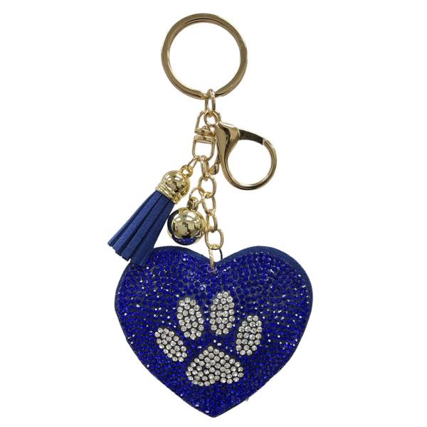 RHINESTONE HEART PAW KEYCHAIN WITH TASSEL