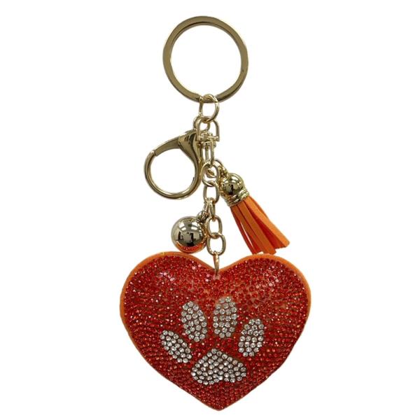 RHINESTONE HEART PAW KEYCHAIN WITH TASSEL