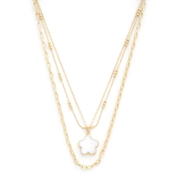 3 LAYERED METAL CHAIN FLOWER PENDANT NECKLACE