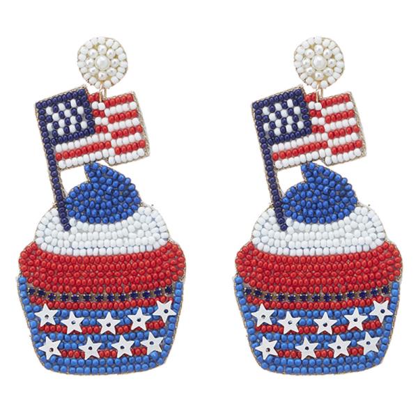 SEED BEAD AMERICAN FLAG CUPCAKE DANGLE EARRING