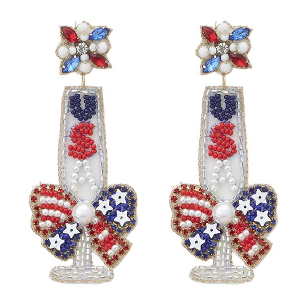 SEED BEAD AMERICAN FLAG CHAMPAGNE DANGLE EARRING