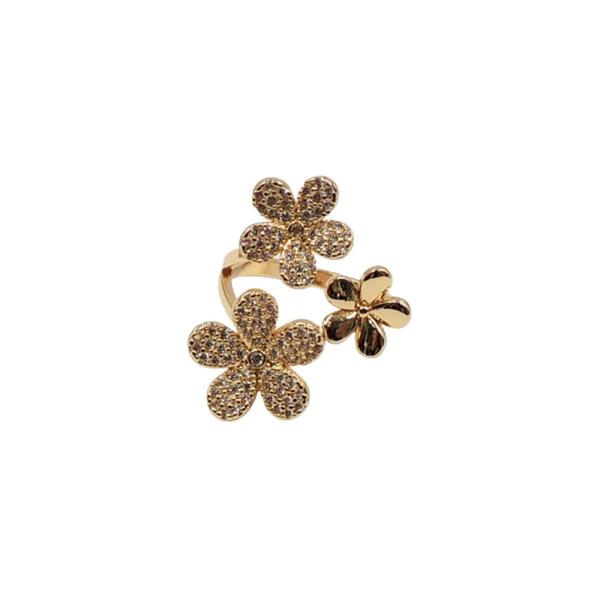 TRIPLE FLOWER RHINESTONE ADJUSTABLE METAL RING