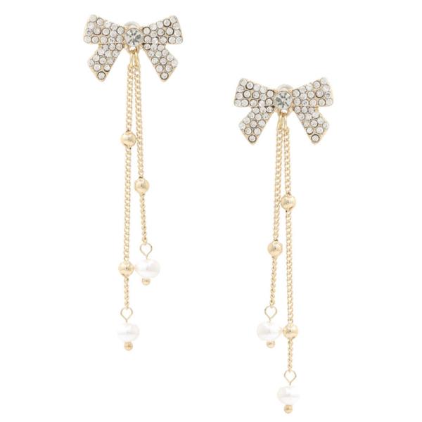 RHINESTONE RIBBON BOW PEARL BEAD CHAIN DANGLE EARRING