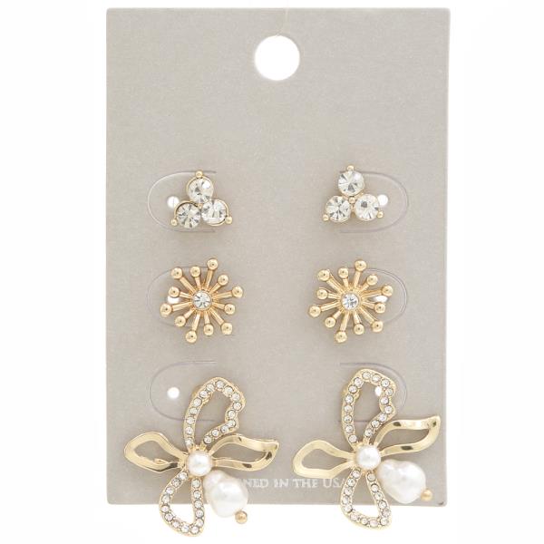 METAL RHINESTONE FLOEWR EARRING 3 PAIR SET