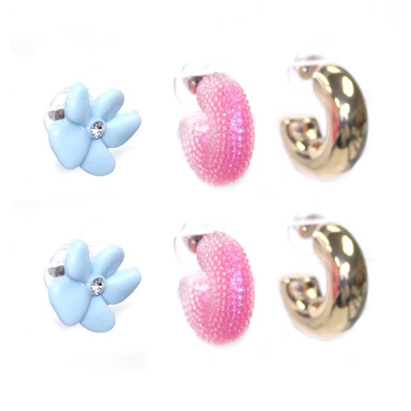 FLOWER C HOOP EARRING 3 PAIR SET
