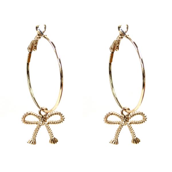 METAL HOOP RIBBON BOW DANGLE EARRING