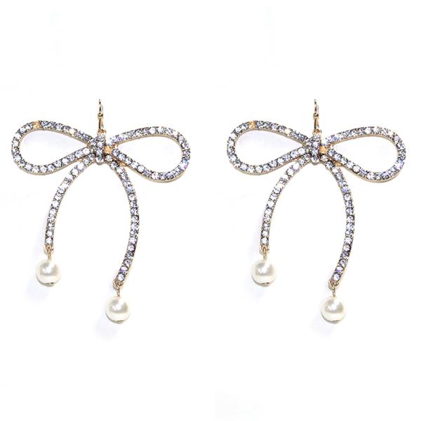 PEARL RHINESTONE RIBBON BOW DANGLE EARRING