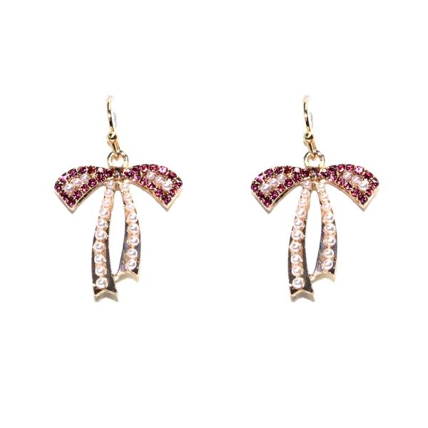 RHINESTONE PEARL RIBBON BOW DANGLE EARRING
