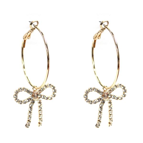 RHINESTONE RIBBON BOW HOOP DANGLE EARRING
